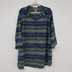 Catherines Womens 2X 22/24W Semi Sheer Popover Blouse Tunic Blue Green Print
